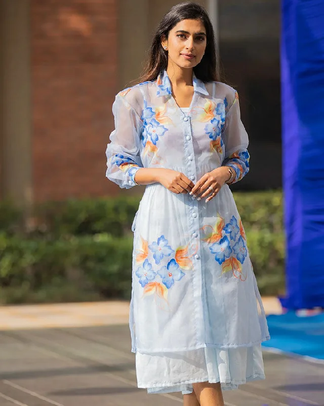 Blue Organza Hand-Painted Shirt Dress