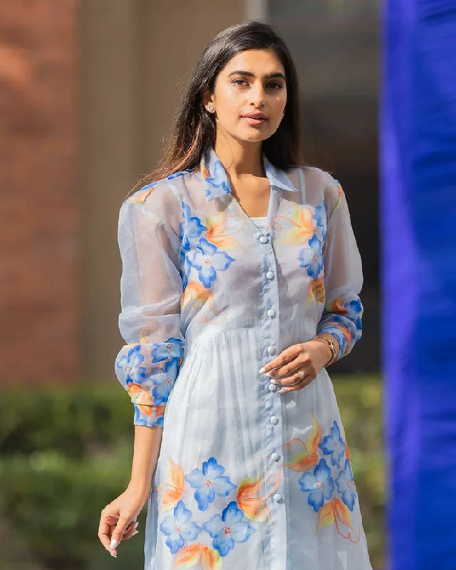 Blue Organza Hand-Painted Shirt Dress