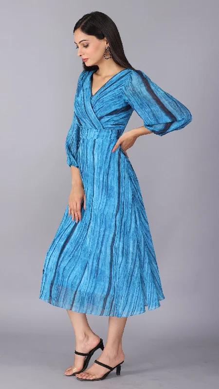 Blue texture print wrap neckline dress