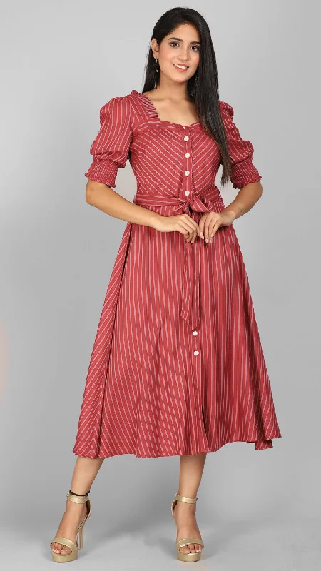 Brick stripe dress with ruffle neckline