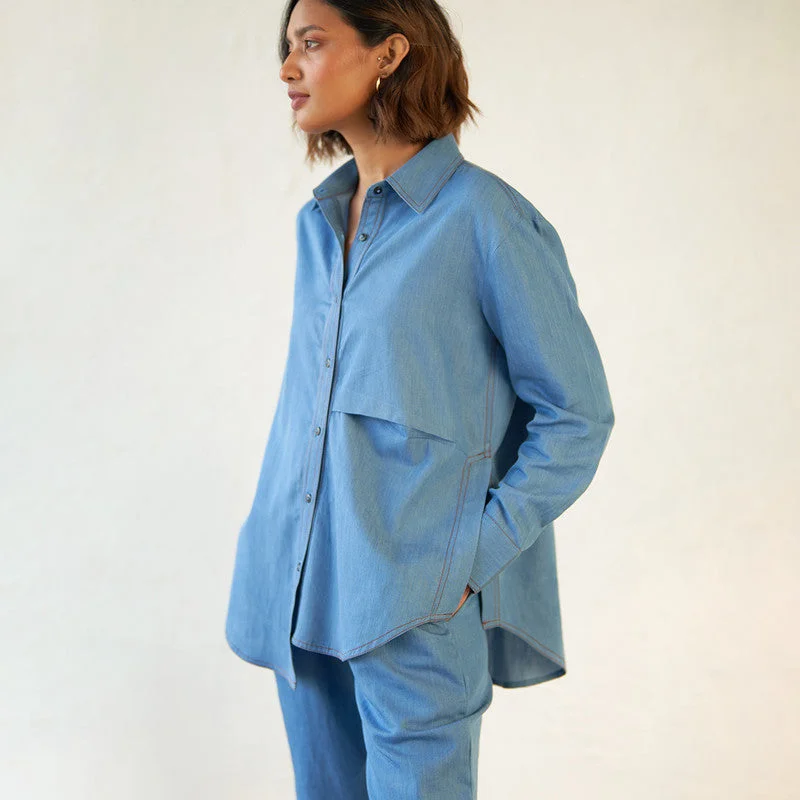 Cotton Denim Blue Shirt for Women | Asymmetric