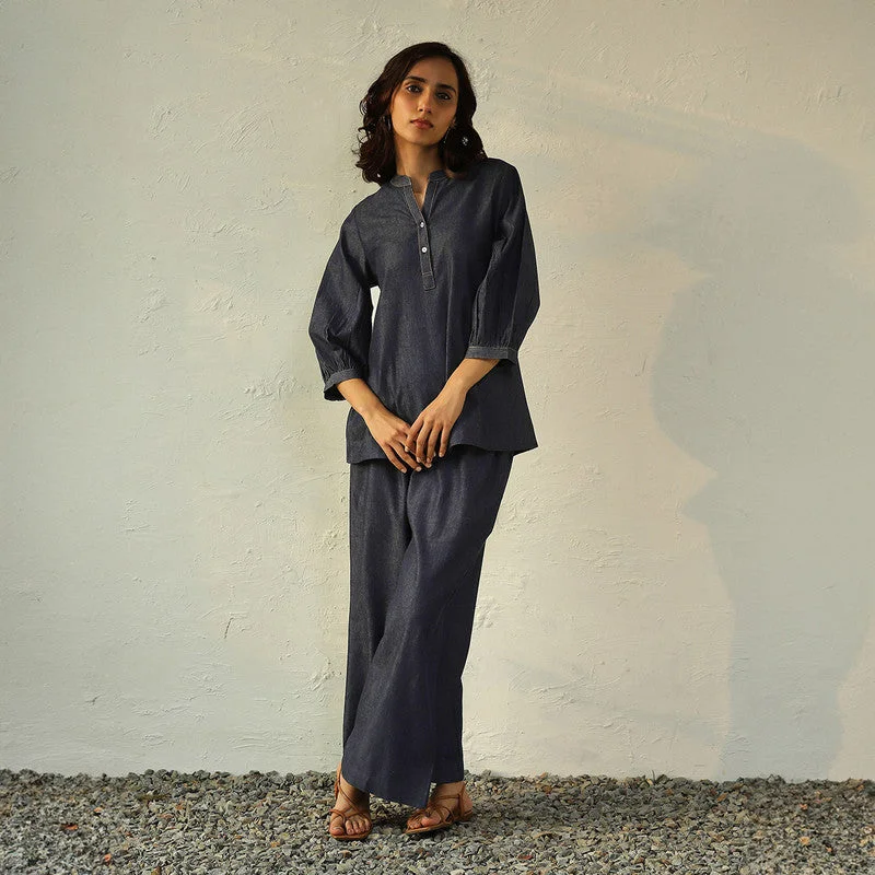 Cotton Denim Co Ord Set for Women | Navy Blue