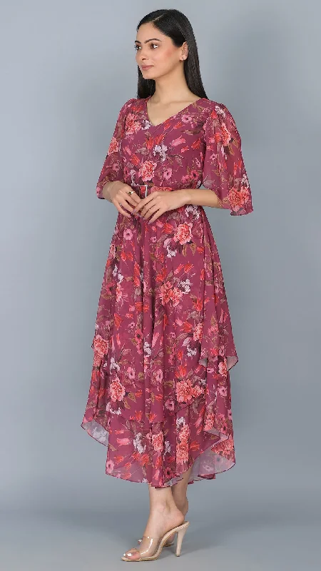 Wine Floral Printed Dress