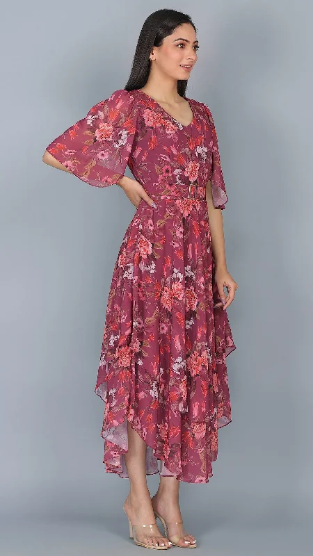 Wine Floral Printed Dress