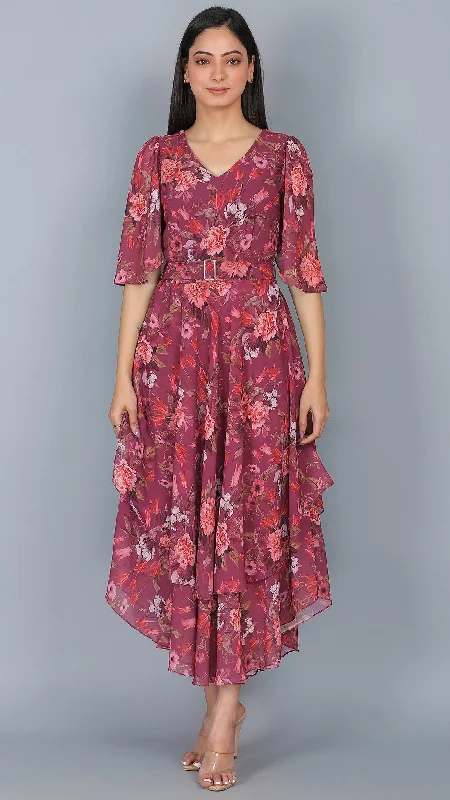 Wine Floral Printed Dress