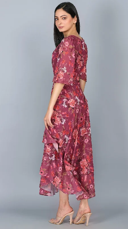 Wine Floral Printed Dress