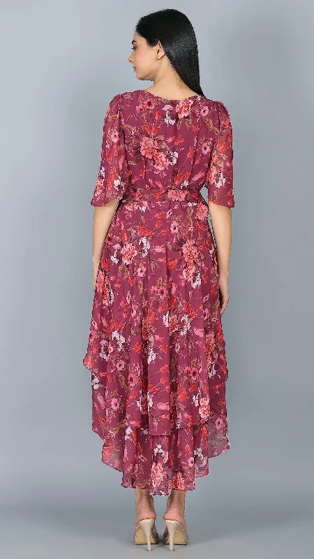 Wine Floral Printed Dress