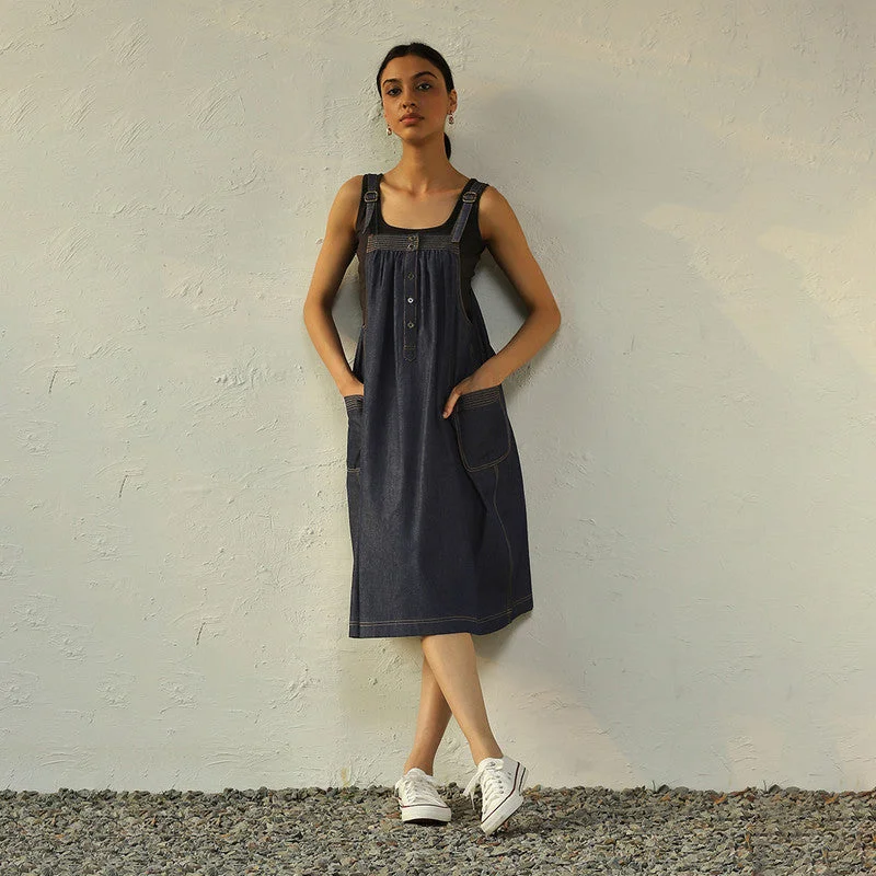 Cotton Denim Dress for Women | Dungaree Style | Navy Blue