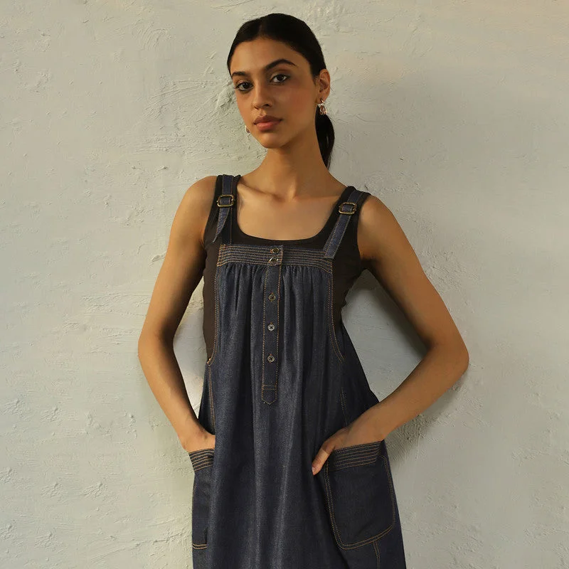 Cotton Denim Dress for Women | Dungaree Style | Navy Blue