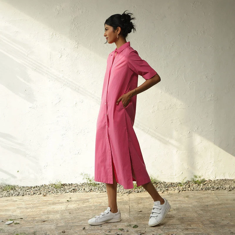 Cotton Poplin Shirt Dress | Pink | Side Slit