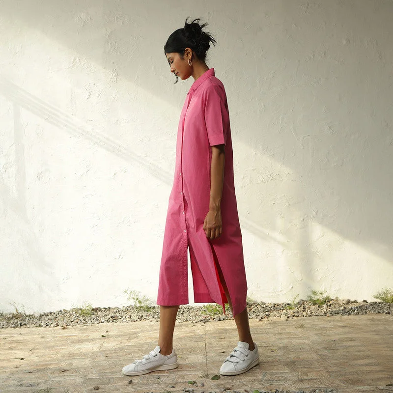 Cotton Poplin Shirt Dress | Pink | Side Slit