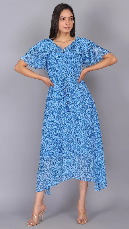 V Neck Blue Paisley Printed Dress