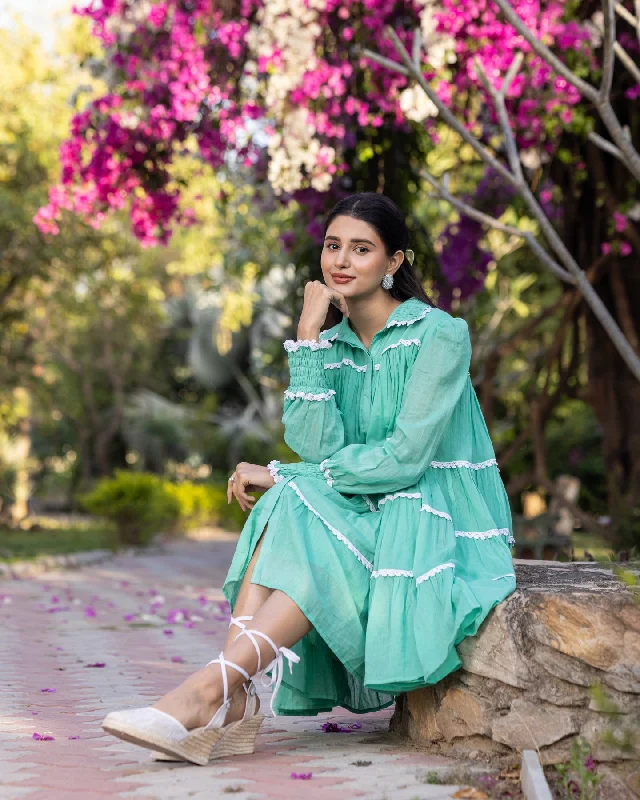 Green Lace & Tiered Shirt Dress