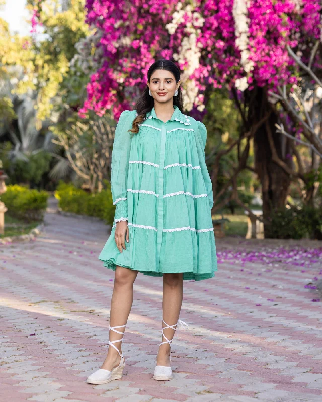 Green Lace & Tiered Shirt Dress