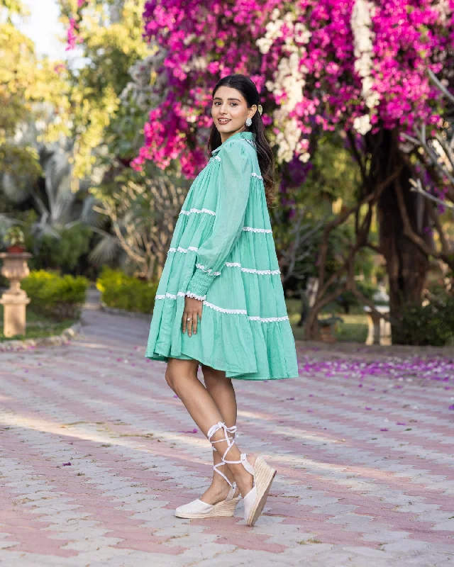 Green Lace & Tiered Shirt Dress