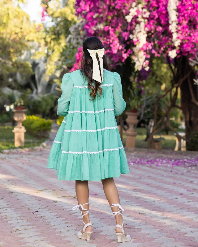 Green Lace & Tiered Shirt Dress