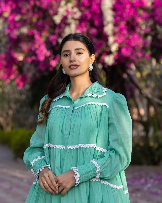 Green Lace & Tiered Shirt Dress