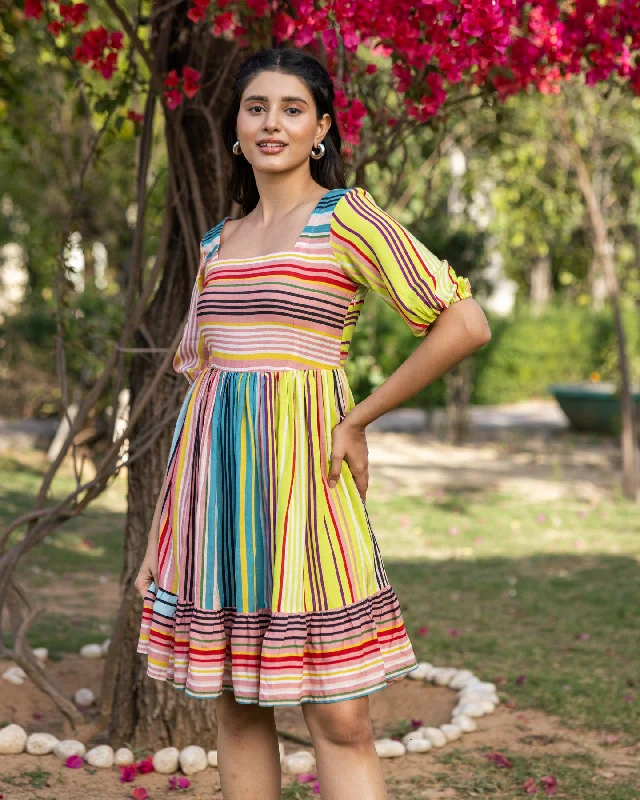 Ivory Multi-hued Stripe Dress