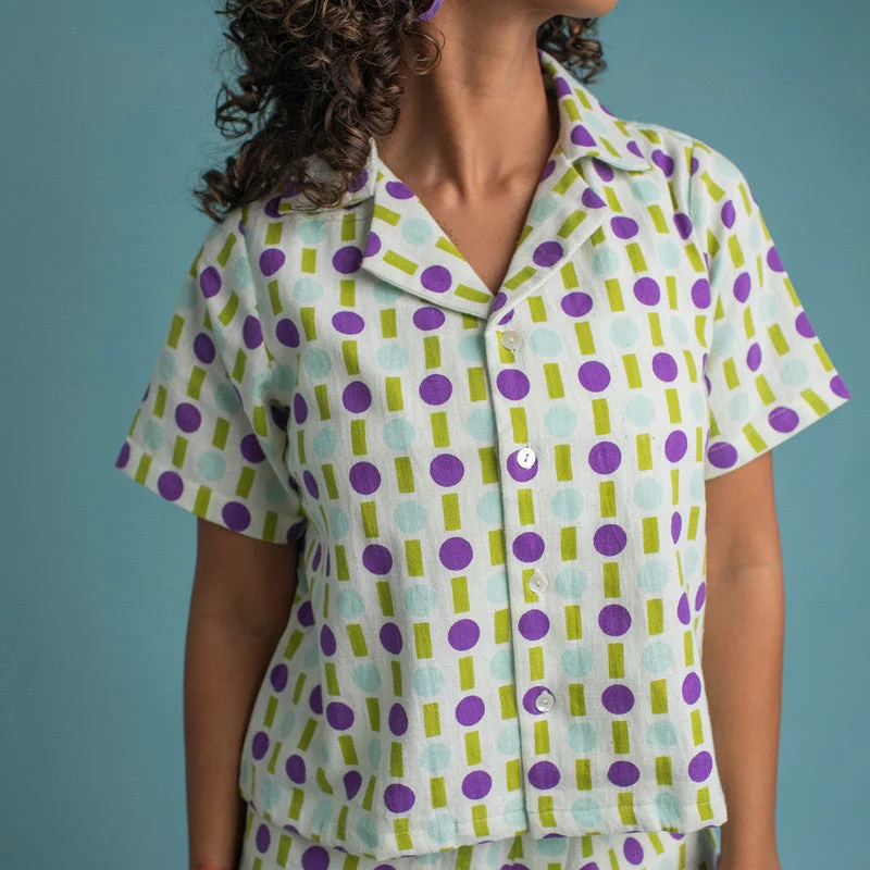 Kala Cotton Printed Shirt For Women | Camp Collar | Purple & Green