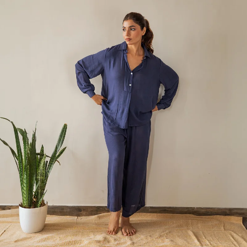 Cotton Crepe Co-Ord Set for Women | Shirt Collar | Navy