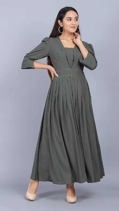 Olive Green Solid Empire Dress