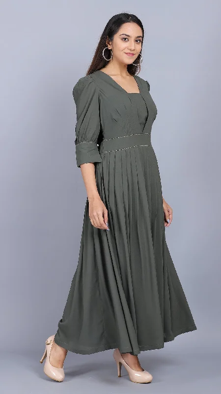 Olive Green Solid Empire Dress