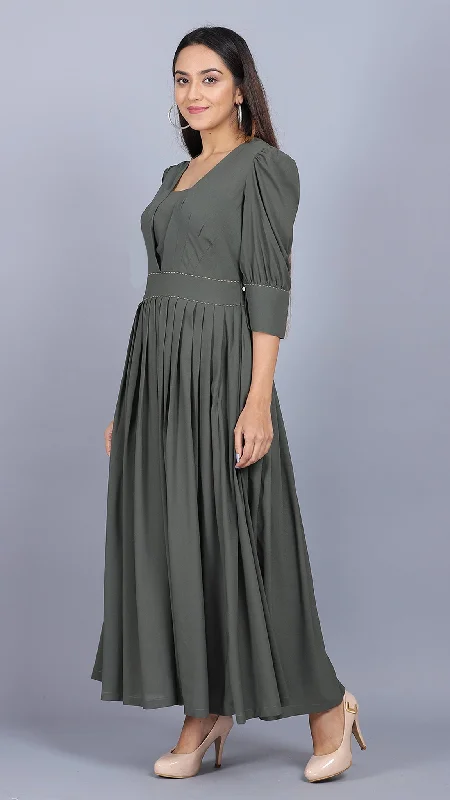 Olive Green Solid Empire Dress