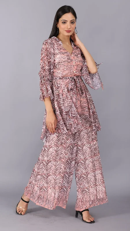 Printed peach co-ord set with belt