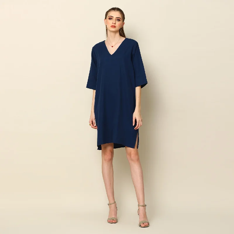 Cotton & Hemp Knee Length Dress | Navy