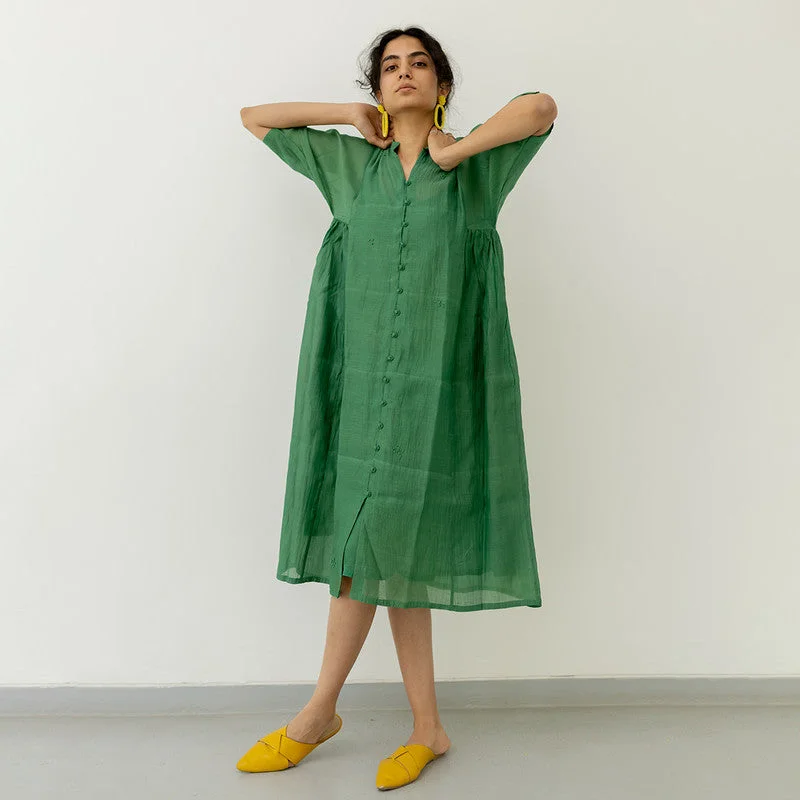 Chanderi Gathered Dress with Slip | A-Line | Green