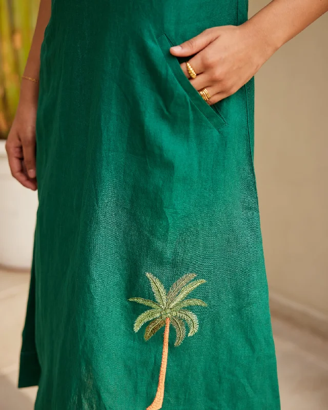 Solid Green Pure Linen Dress