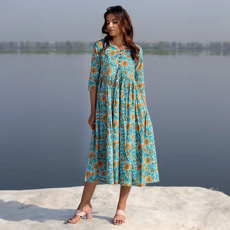 Cotton A-Line Dress for Women | Handblock Printed | Teal & Yellow