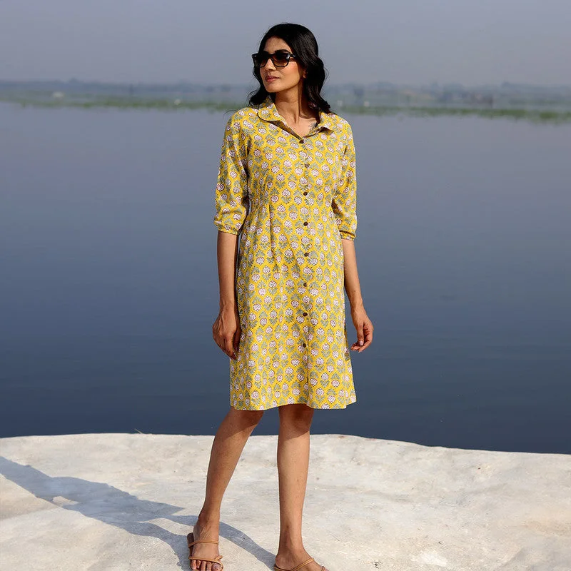 Cotton Shirt Dress for Women | Floral Handblock Printed | Yellow