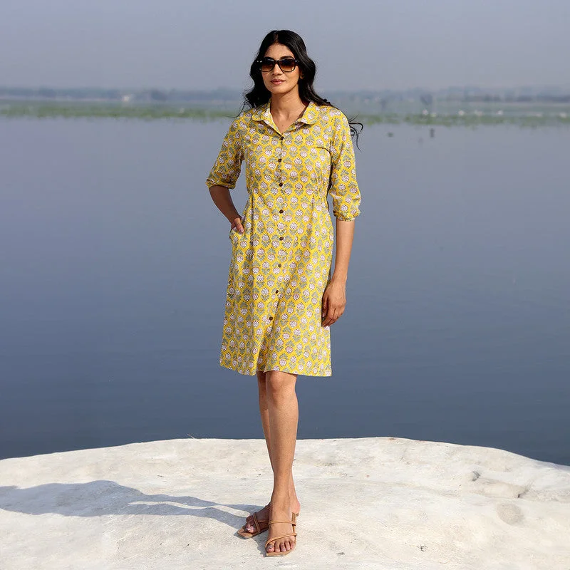 Cotton Shirt Dress for Women | Floral Handblock Printed | Yellow