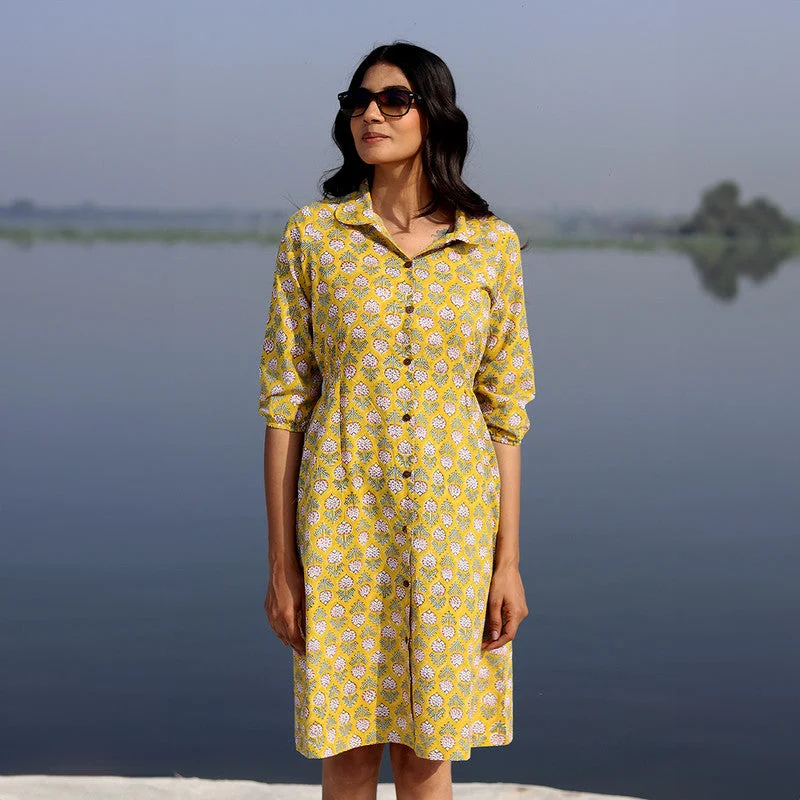 Cotton Shirt Dress for Women | Floral Handblock Printed | Yellow