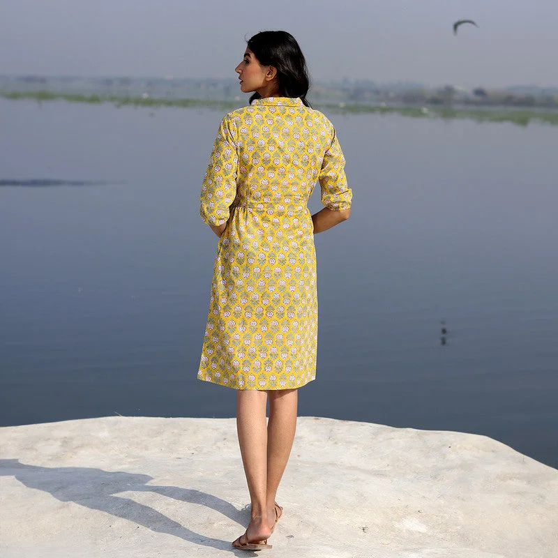 Cotton Shirt Dress for Women | Floral Handblock Printed | Yellow