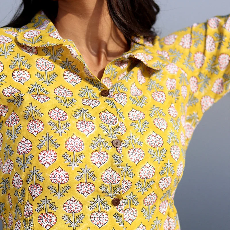 Cotton Shirt Dress for Women | Floral Handblock Printed | Yellow