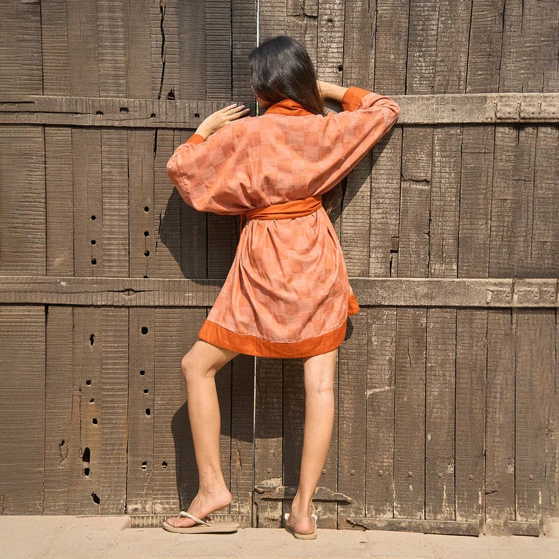 Linen Hana Kimono Dress For Women | Orange Checks