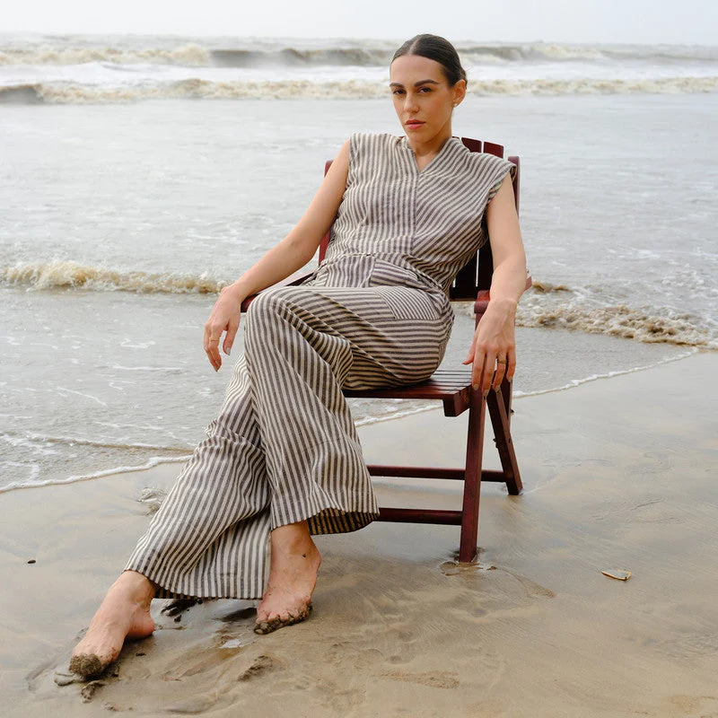 Linen Striped Co Ord Set for Women | Ash Grey