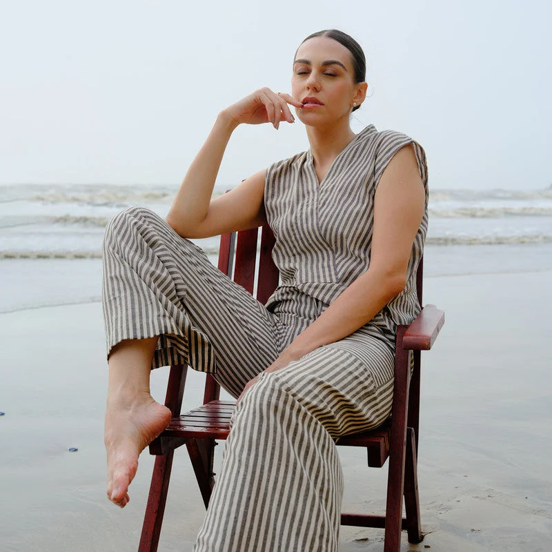 Linen Striped Co Ord Set for Women | Ash Grey