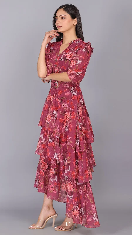 Wine Floral 3 Layers Up Down Dress