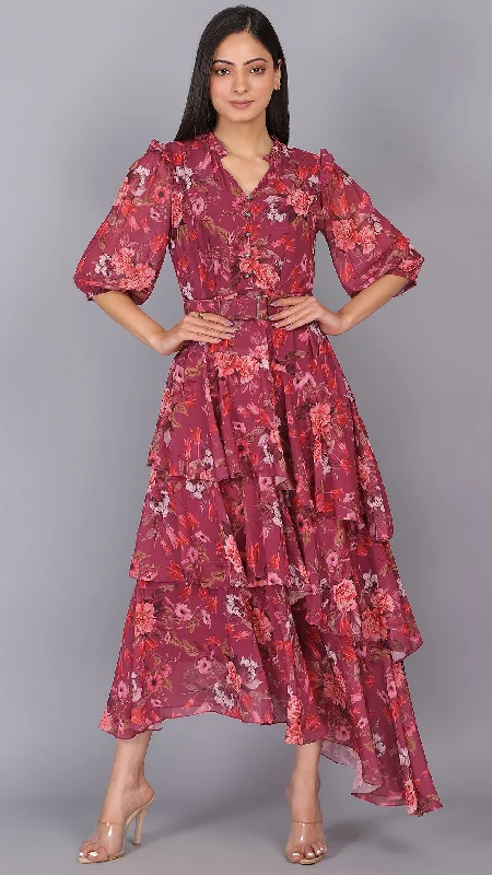 Wine Floral 3 Layers Up Down Dress