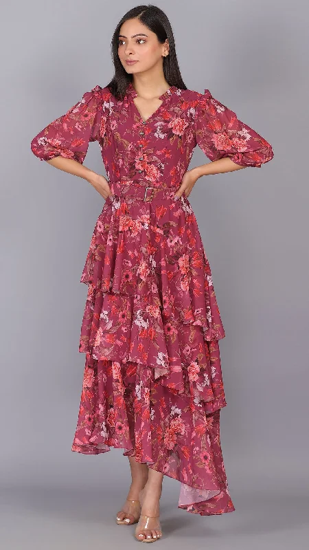 Wine Floral 3 Layers Up Down Dress