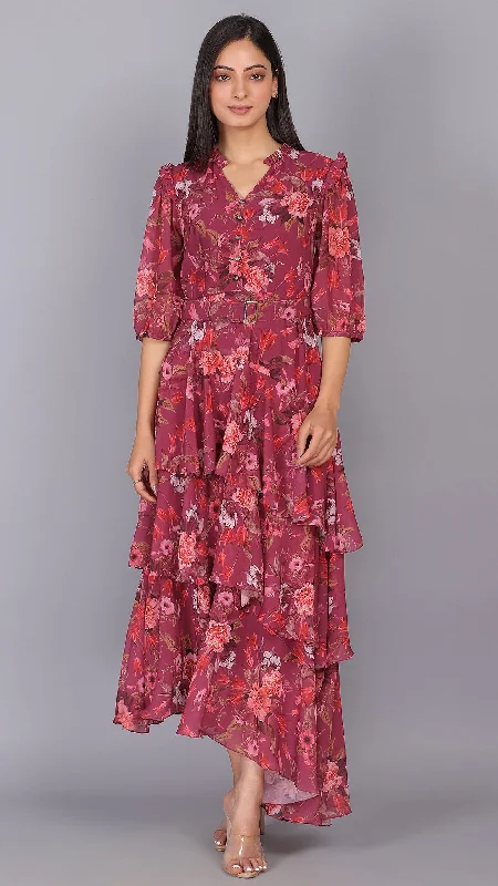 Wine Floral 3 Layers Up Down Dress