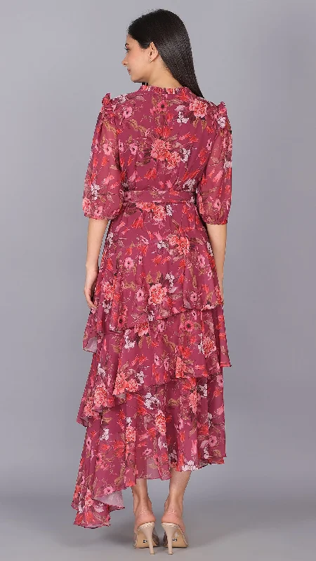 Wine Floral 3 Layers Up Down Dress