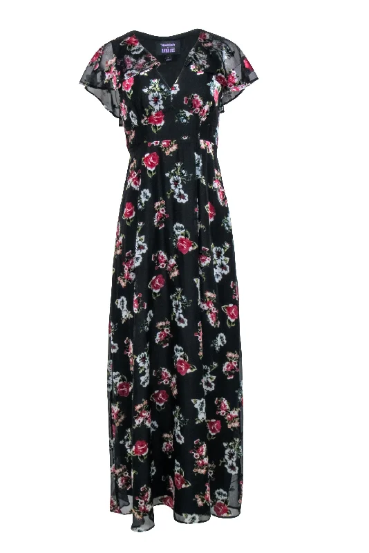 Anna Sui - Black w/ Pink Velvet Floral Print Formal Dress Sz 6