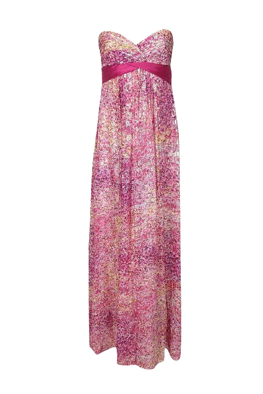 BCBG Max Azria - Pink, Yellow & Purple Sparkly Floral Print Strapless Formal Dress Sz 4