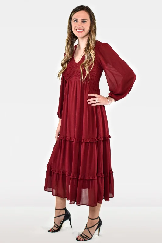 Burgundy Smocked Bodice Maxi Dress by Jodifl Clothing