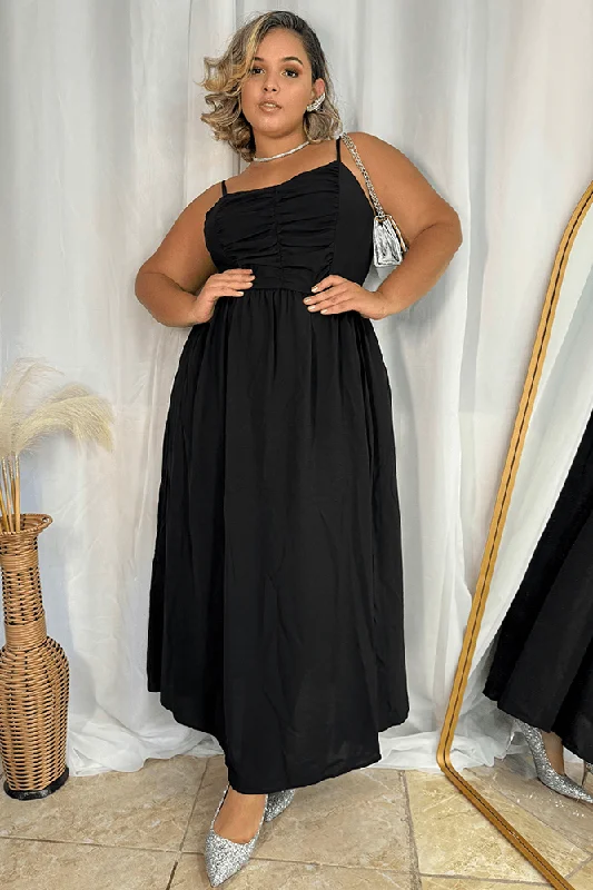 HN Black Plus Size V-Neck Maxi Dress Spaghetti Straps Ruched A-Line Dress