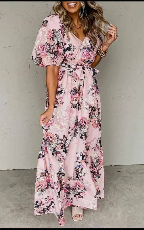 Dresses- Light Pink Floral Maxi Dress w/ Puff Sleeves